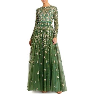 Mac Duggal Petite Embellished High Neck Long Sleeve A-Line Gown in Sage at Nordstrom, Size 10