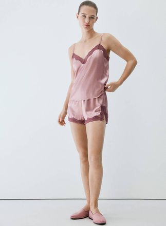 Mango Short seta pizzo contrasto rosa pastello - Donna - S - MANGO