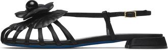 Loriblu Zwarte satijnen sandalen met bloem - Dames - Sandalen - Zwart - 35 EU - Satijn - Schoenen