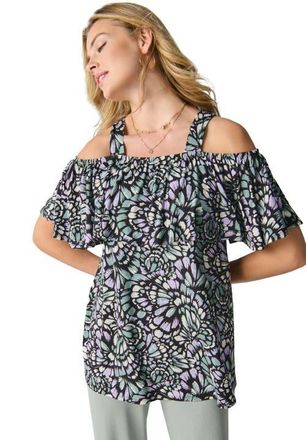 Jessica London Stretch Knit Cold Shoulder Ruffle Tunic in Grey Spruce Feather at Nordstrom, Size 28