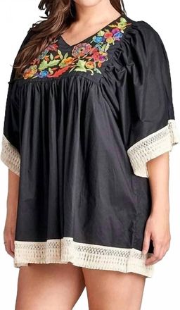 Velzera Embroidered Crochet Babydoll Tunic In Black