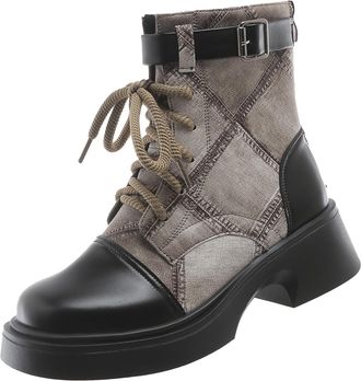 Generic Big Yards Thick Bottom Boots Female New England Style Colour Combination Belt Buckle Short Boots Thick with Motorbike Boots Womens Fashion High Rubber