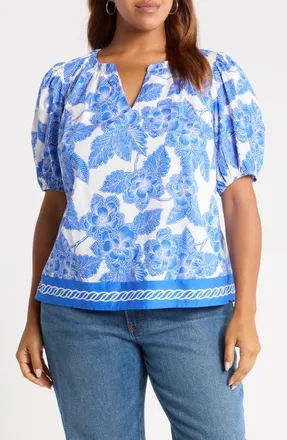 Sugarlips Rency Floral Gily Puff Sleeve Cotton Top in White Blues at Nordstrom, Size 3X