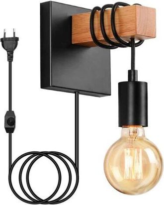 OEM Aplique De Pared Industrial De Madera Con Interruptor, Estilo Retro, Casquillo E27 (bombilla No Incluida)