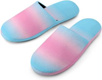 Generic Transgender Flag Colors Mens Slippers Flannel Warm House Shoes with Rubber Anti-Slip Sole Slip On for Home Outdoor