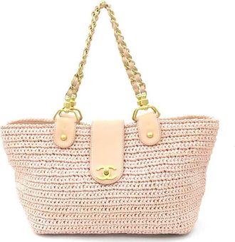 Chanel Pink Beige Raffia Leather Shoulder Bag Tote Bag (Pre-Owned)