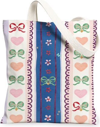 Generic Floral Hearts Canvas Tote Bag, Vintage Bow Pattern Reusable Grocery Bags, Lightweight Washable Shoulder Strap Canvas Bags F, Blue, 13x15 Inch