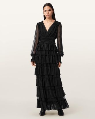 AllSaints Polyester Xantara Shirred Maxi Dress, Size: UK 12/US 8