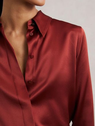 Reiss Dark Red Silk-satin Concealed-placket Shirt, 10