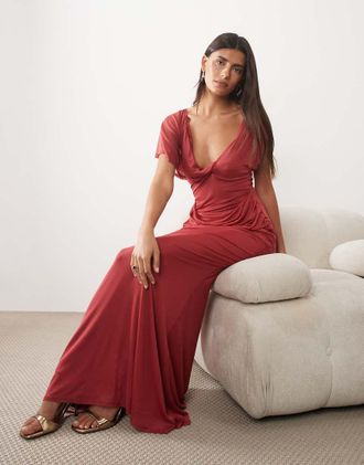 Asos vestito maxi in mesh drappeggiato con manica asimmetrica bordeaux-Rosso