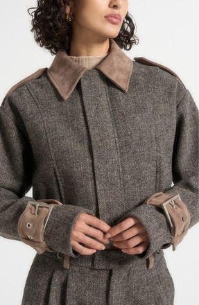 Mani&egrave;re De Voir Galia Herringbone and Suede Bungee Hem Jacket in Grey at Nordstrom, Size 14