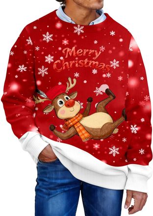 Generic Funny Christmas Jumper for Women Men Novelty Graphic Reindeer Snowflakes Knitted Sweater Long Sleeves Crew Neck Unisex Christmas Ugly Jumpers Men Wome
