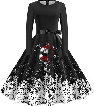 Generic Christmas Dress Womens V Neck Long Sleeve Winter Dress Elegant Perfect Party Printed Xmas Costume Swing Dresses Womens Christmas Sweatshirt Outfits Sw