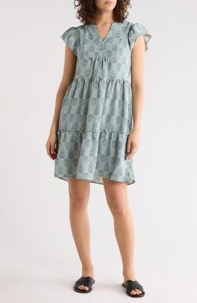 Lucky Brand Flutter Sleeve Tiered Minidress in Sage Medallion at Nordstrom Rack, Size X-Large