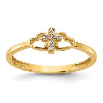 Diamond2Deal 14k Yellow Gold Polished Cubic Zirconia Cross and Hearts Ring