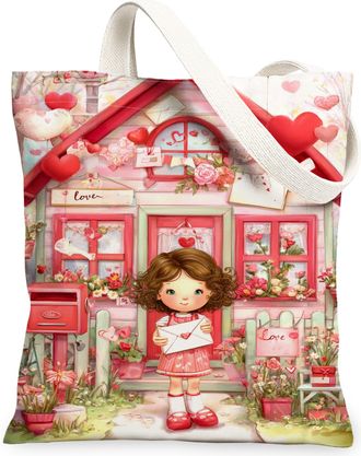 Generic ValentineS Day Floral Canvas Tote Bags, Adorable Heart Pattern Reusable Grocery Bags, Lightweight Washable Shoulder Strap, Peach, 13x15 Inch