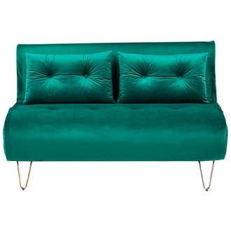 Beliani Sof&aacute; Cama 2 Plazas De Terciopelo Verde Oscuro Dorado Sin Reposabrazos 2 Cojines Vestfold