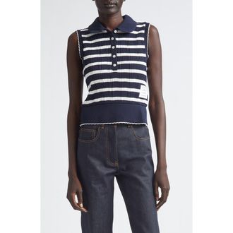 Thom Browne Stripe Scallop Edge Sleeveless Cotton Rib Polo in Navy/White at Nordstrom, Size 2 Us