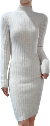 Generic Womens Fashion Solid Semi High Neck Dress Sweater Slim Long Sleeved Knitted Long Dresses 810 S