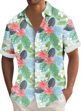 Generic Mens Linen Shirts Short Sleeved Regular Fit Cotton Shirt Button Down Hawaiian Holiday Print Tops Lightweight Henley Blouses,Green,XL