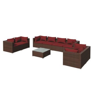 vidaXL Set Muebles De Jard&iacute;n 9 Piezas Y Cojines Rat&aacute;n Sint&eacute;tico Marr&oacute;n Vidaxl