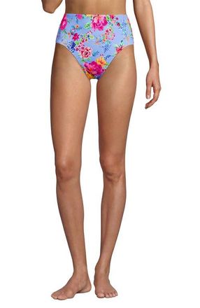 Lands End Ribbed Smoothing High Waisted Bikini Bottoms in Cloud Blue Romantic Floral at Nordstrom, Size 18