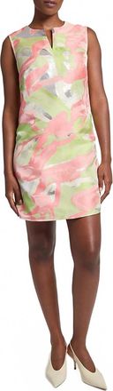 Ming Wang Abstract Jacquard Split V-Neck Sleeveless Shift Dress In Lime, Tangerine, Silver Print