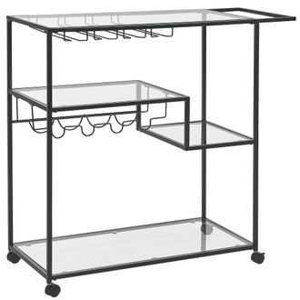 Beliani Carrito De Cocina De Metal Negro Vidrio Templado 86 X 40 Cm Ruedas Con Freno Estantes Botellero Industrial Comedor Marcola