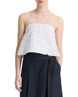 Vince Linen-Blend Trellis Plaid Tie Top