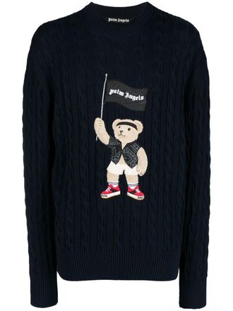 Palm Angels Pirate Bear cable-knit jumper - men - Cotton/Wool/Polyester/Acetate - M - Blue