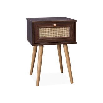 Sweeek Mesita de noche de 1 caj&oacute;n con efecto madera y ca&ntilde;a, madera oscura