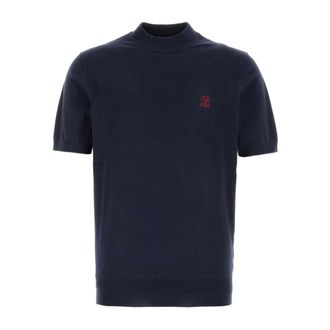 Brunello Cucinelli Brunello Cucinelli, T-Shirts, male, Blue, Size: 2XL Embroidered-logo Knitted T-Shirt