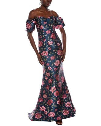 Rene Ruiz Off-The-Shoulder Sculpted Bodice Puff Sleeve Gown