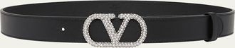 Valentino Garavani VLogo Signature Crystal-Embellished Leather Belt, 30mm