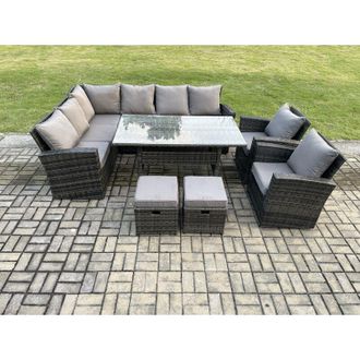 Fimous 10 Seater Garden Rattan Furniture Corner Dining Set with 2 Small Footstools Armchair Indoor Outdoor Lounge Sofa Set Dark Grey Mixed - Fimous
