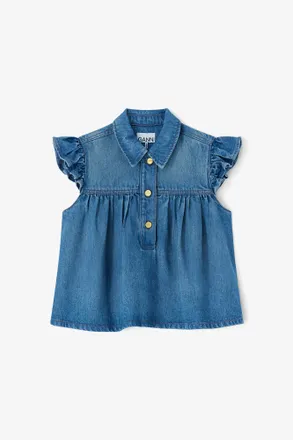 Ganni Blue Denim Ruffle Top - Size 34 Tencel