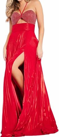 Jovani Metallic Halter Pleated Prom Dress In Red
