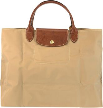 Longchamp Beige Brown Nylon Leather Handbag Tote Bag (Pre-Owned)