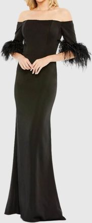 Mac Duggal Feather Trim Off The Shoulder Column Gown In Black