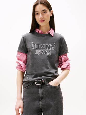 Tommy Jeans Kurzarmshirt TOMMY JEANS TJW REG VARSITY TEE EXT, Damen, Gr. XXL (44), schwarz, Single Jersey, Obermaterial: 100% Baumwolle, bedruckt, normal, Rundhal