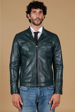 D'Arienzo Giacca in pelle verde naturale effetto liscio quattro tasche DArienzo, Seleziona Taglia 50, Colore Verde