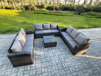 Fimous Patio Garden Furniture Sets Wicker 9 Seater Outdoor Rattan Furniture Sofa Sets with Square Coffee Table in Dark Grey