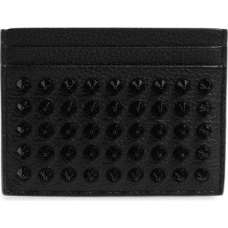 Christian Louboutin Kios Spikes Calfskin Leather Card Case in Black/Black at Nordstrom