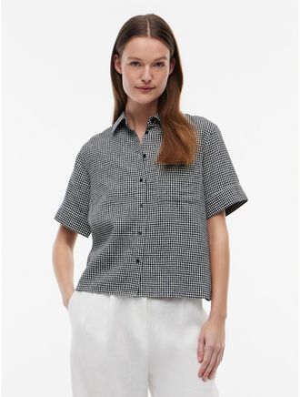 Tommy Hilfiger Womens Gingham Linen-Blend Shirt - Navy - XXL