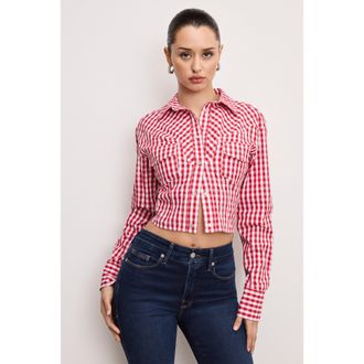 Good American Womens Dolly Country Corset Shirt | Crimson And White Gingham, Size Medium | Good American by Khlo&Egrave; Kardashian