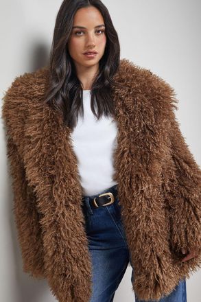 Oasis Womens Mongolian Faux Fur Short Coat - Taupe Denim - Size Medium