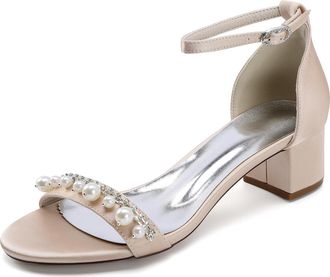 Generic Bridal Shoes Women Open Toe Pearl Block Heels Wedding Shoes Low Heel Chunky Heels Bridal Satin Heels Sandals 4.5Cm,Champagne,10 UK