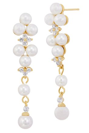 Savvy Cie Jewels GOLD PLATED WITH FAUX PEARLS AND CZ CASCADE DANGLE EARRING