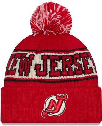 New Era NHL Unisex-Adult Primary Logo Retro Pom Cuffed Knit Fleece Lined Cold Weather Beanie Hat, New Jersey Devils - Red, One size