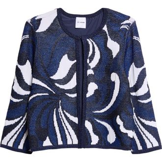 St. John Nancy Midcentury Scroll Jacquard Knit Jacket in Midnight/Cobalt Metallic at Nordstrom, Size X-Small